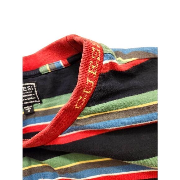 Vtg Guess T-shirt striped Y2K Men's medium multicolor embroidered accent collar - Picture 6 of 8